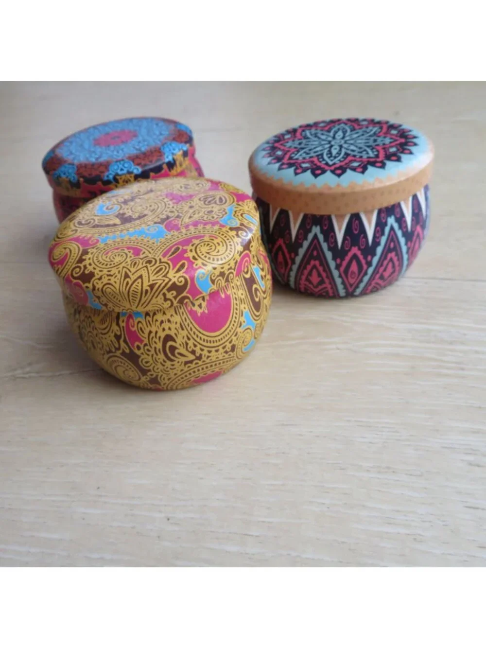 Set of 3 Small Mandala Patterned EMPTY Metal Storage Tins with Lids - 2
